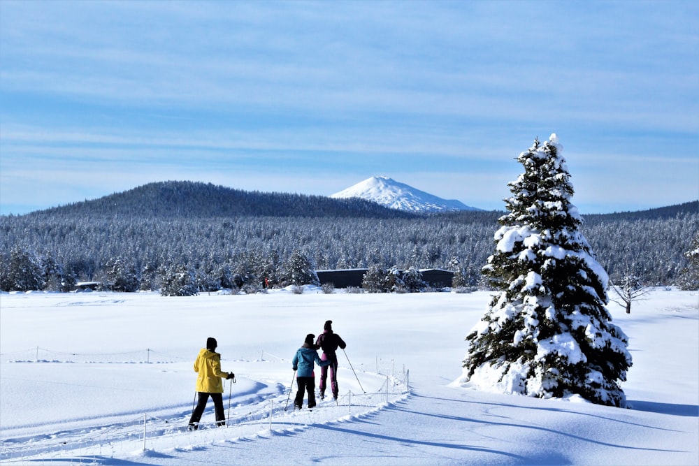 a group of people riding skis across snow covered ground