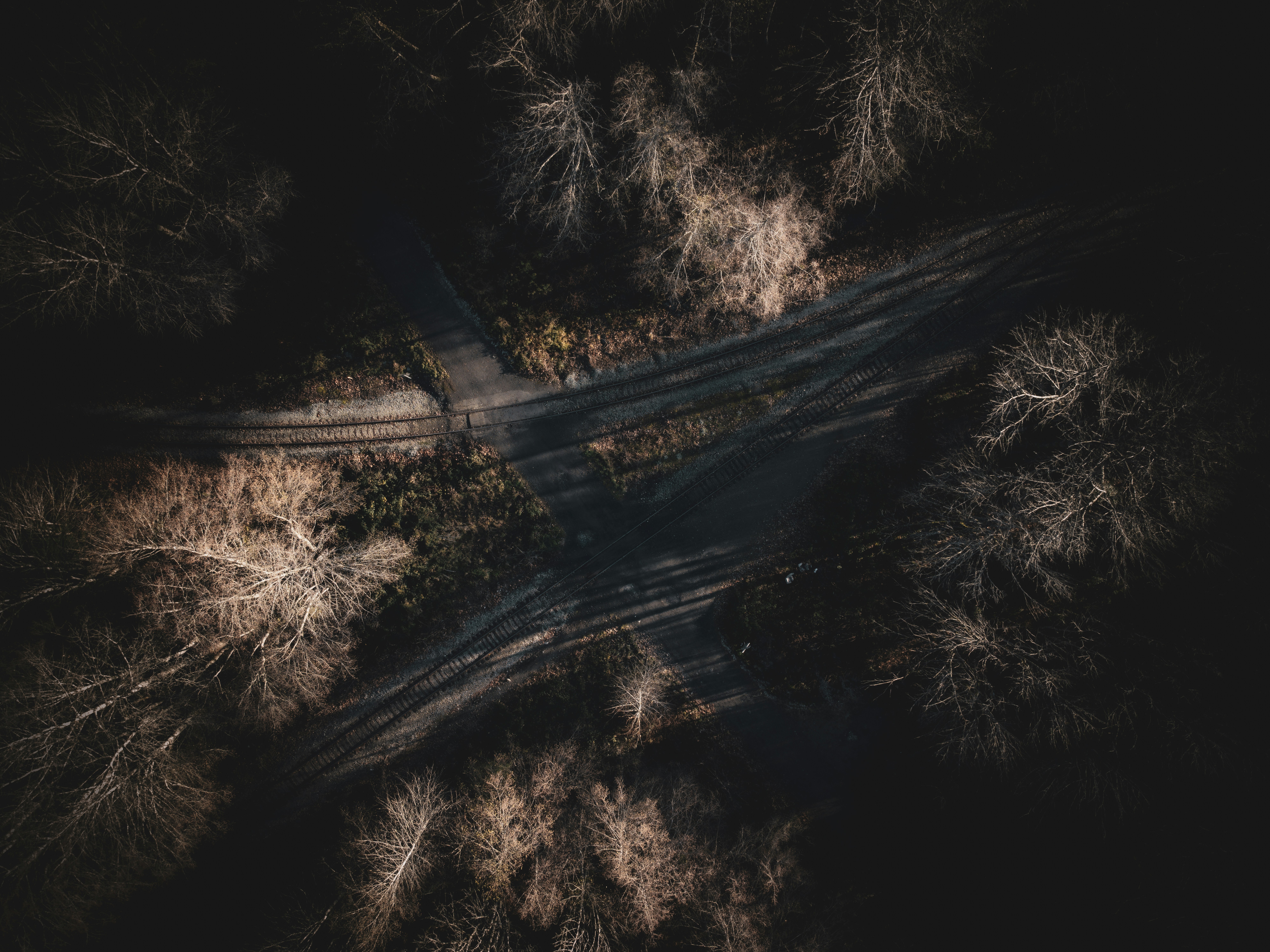 an aerial view of a road surrounded by trees