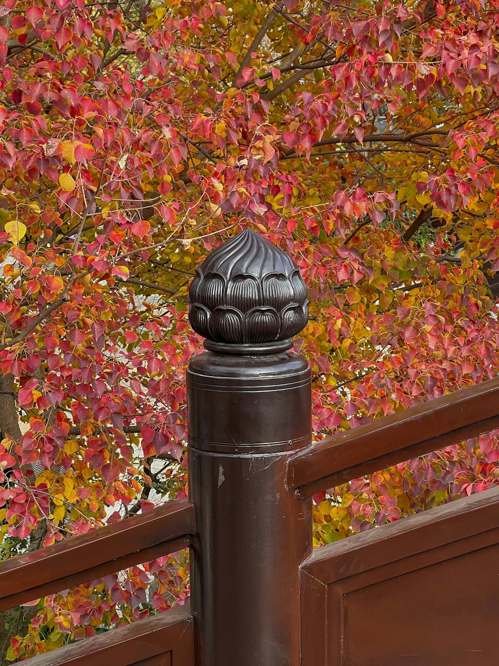 a brown post with a black top and a red and yellow tree in the background