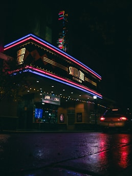 A vintage cinema entrance with neon lights showcasing the name 'Santa Cruz Cinema'. The marquee is illuminated with a mix of vibrant colors, including blue and red neon tubes. Beneath the entrance, a 'Box Office' sign is visible, and there are movie posters displayed on the walls. The ground is wet, reflecting the colorful lights, and a car is parked nearby, partially visible with its rear lights turned on.