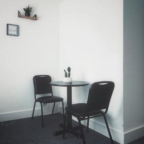 A minimalist corner with a small round table and two black chairs on a gray carpet. A white potted cactus sits in the center of the table. A small shelf with a plant and a framed picture are mounted on the plain white walls.