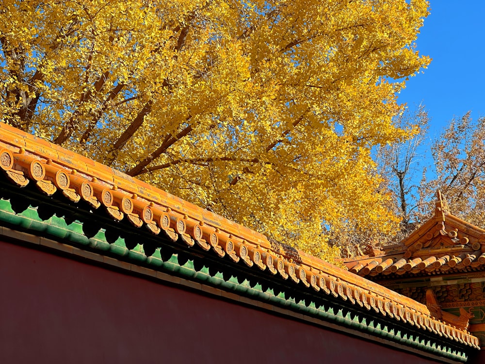 a building with a yellow tree in the background