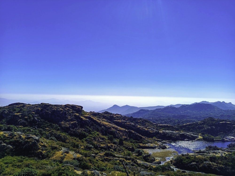 a view of a mountain range with a lake in the foreground