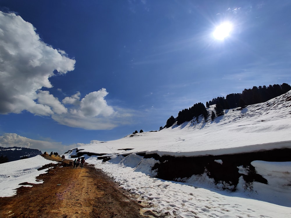 a group of people standing on top of a snow covered slope