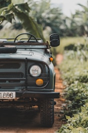 a green truck parked on a dirt road