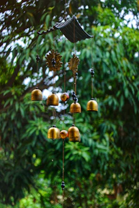 Charming outdoor decor including lanterns and wind chimes hanging from a leafy tree branch.