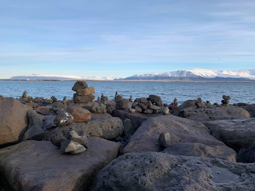 ein Haufen Steine, der auf einem Strand sitzt