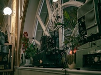 Antique film projectors are placed on a shelf near large window panes with a geometric design. Surrounding the projectors, there are potted green plants adding a natural element. The scene is well-lit with a soft glow from overhead lights enhancing the vintage aesthetic.