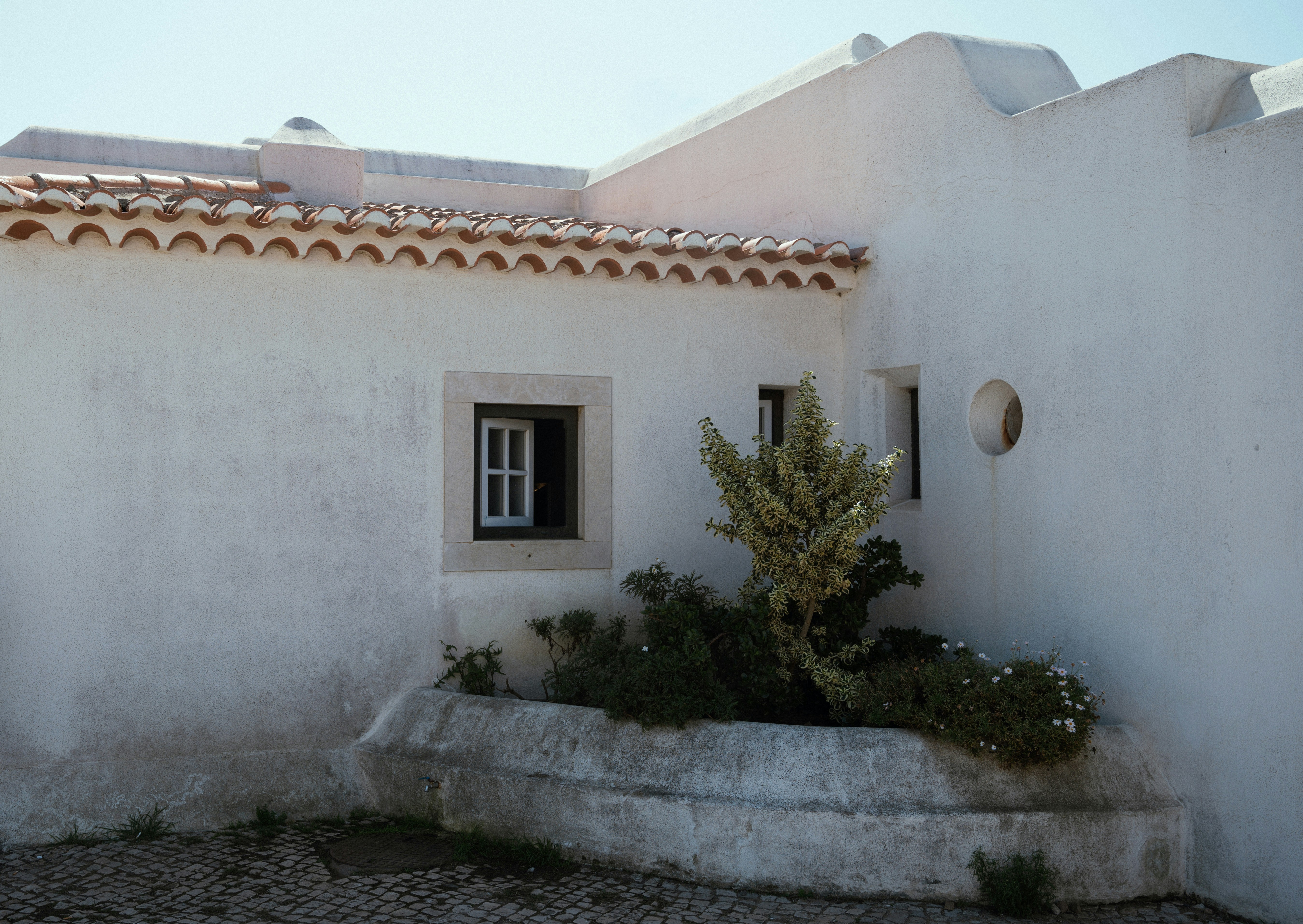 a white building with a window and a planter