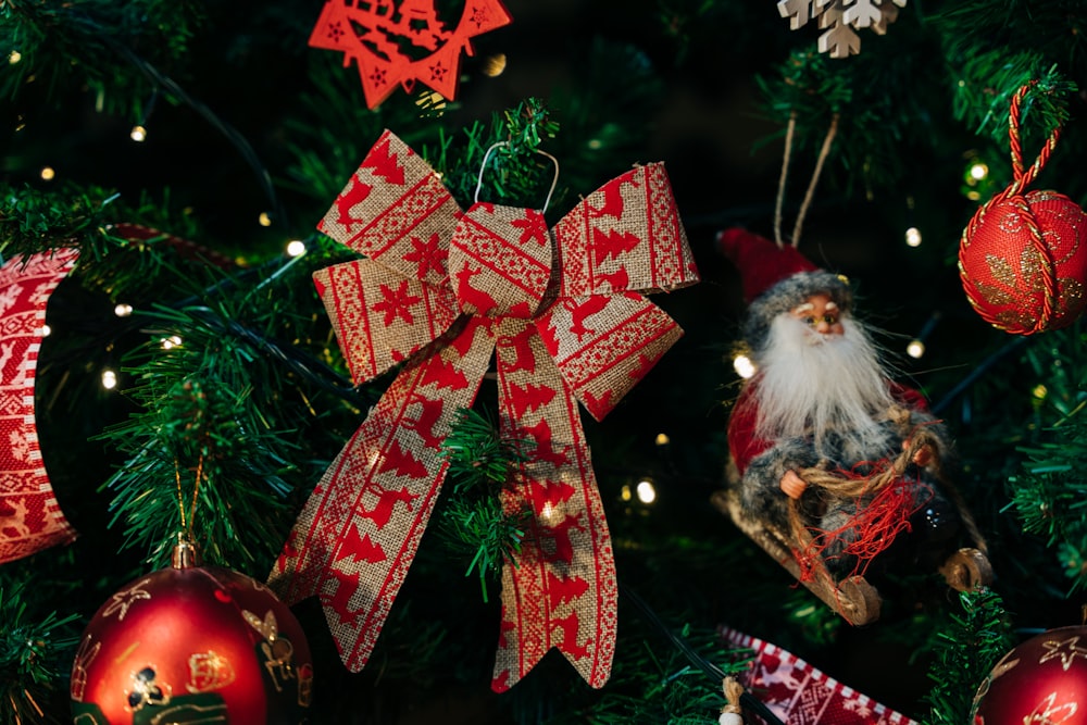 a close up of a christmas tree with ornaments