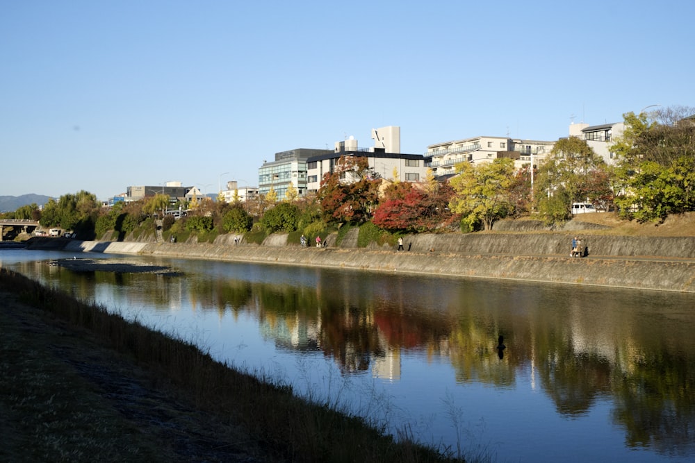 a body of water with buildings in the background