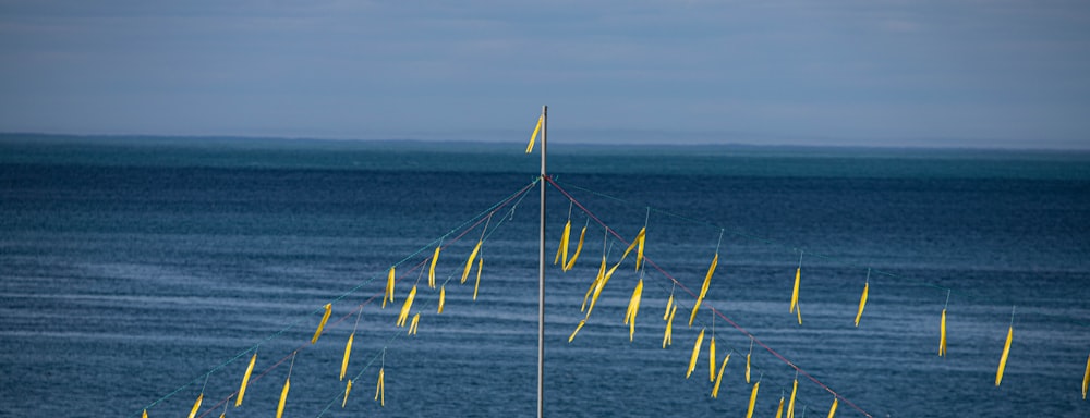 un poste con postes amarillos que sobresalen del agua