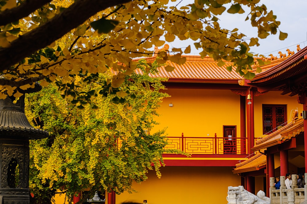 a yellow building with a tree in front of it