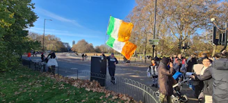 A vibrant group of activists holding Irish flags during a peaceful environmental protest in a lush green park.