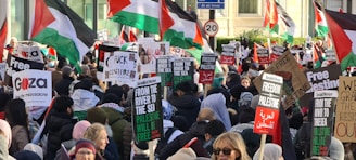 A large crowd of people is gathered, holding signs and flags with messages supporting Palestine. The scene is vibrant with many individuals wearing winter clothing, indicating a protest or demonstration. Palestinian flags dominate the background, and various posters convey messages such as 'Free Palestine' and other pro-Palestinian sentiments.