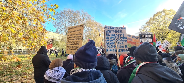 A crowd of people are outdoors, gathered for a protest or rally. They hold various signs and banners with messages advocating for peace and freedom, particularly focused on Palestine. The atmosphere appears peaceful as the participants wear winter clothing, suggesting cool weather. Surrounding them are tall trees with autumn foliage.