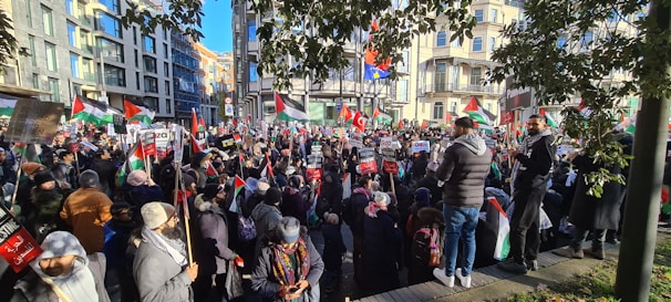 A large crowd of people gathered in a city street, many holding Palestinian flags and signs in support of a cause. The demonstration includes individuals of various ages, some wearing winter clothing. Surrounding buildings reflect an urban setting, with modern architecture and a clear blue sky.