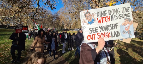 A group of people are participating in a protest march in a park. One person is holding a sign with political slogans and caricatures, while another sign reads 'Freedom for Palestine'. The scene is set under a clear blue sky with trees displaying autumn foliage.