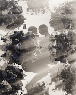 Abstract human figures are intertwined with complex, dark, geometric shapes and structures. There is a play of light and shadow, giving a sense of depth and texture. The overall composition has a surreal and futuristic appearance.