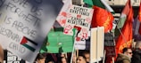 A vibrant protest scene with a crowd holding various signs and flags. Prominently featured are signs with messages supporting Palestinian rights, including 'Respect Existence or Expect Resistance'. Red handprints and a clenched fist graphic are visible on one sign. Several large red, green, and black flags are waving in the background, amidst the bustling crowd.