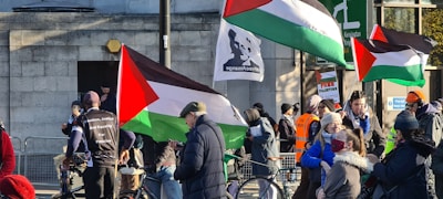 A group of people are gathered outdoors, some holding flags with a distinct red, black, white, and green color pattern. One flag has a silhouette of a person with text. Many individuals are wearing winter clothing, such as jackets and hats. There are also some signs and banners, with one that reads 'Free Palestine.' Some people appear to be having conversations or interacting with each other.