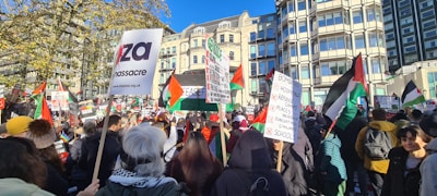 A large group of people gathered in a city square holding various signs and flags. Many flags have red, white, green, and black colors. The background features tall buildings and some trees under a clear blue sky. The crowd appears to be participating in a demonstration or protest, with messages regarding political and humanitarian issues visible on the signs.