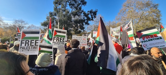 A large crowd of people gathers outdoors holding signs and flags advocating for the Free Palestine movement. The scene is filled with vibrant banners and placards, some of which read 'Free Palestine' and 'End Israeli Occupation.' Trees with autumn-colored leaves can be seen in the background under a clear blue sky.