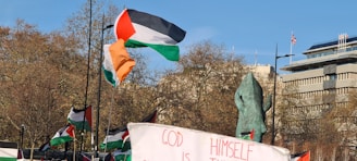 Several flags are waving in the air, with one prominently featuring the colors black, white, green, and red. A crowd is visible, and a sign with partially visible text is in the foreground. Leafless trees and a modern building are in the background under a clear blue sky.
