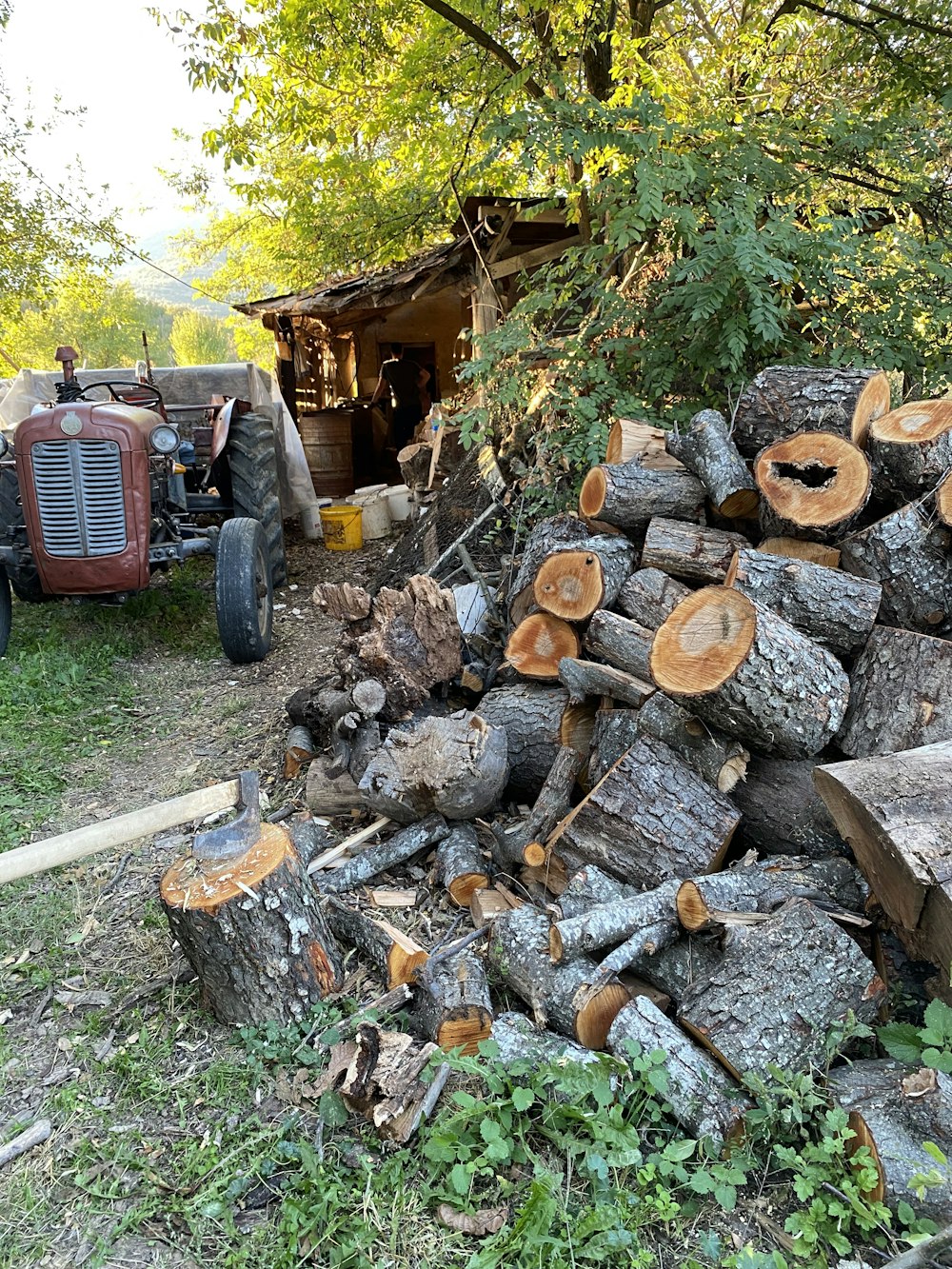 um trator está estacionado ao lado de uma pilha de troncos