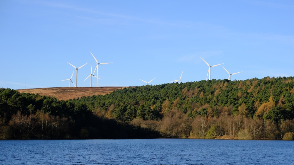 a group of windmills on top of a hill next to a body of water