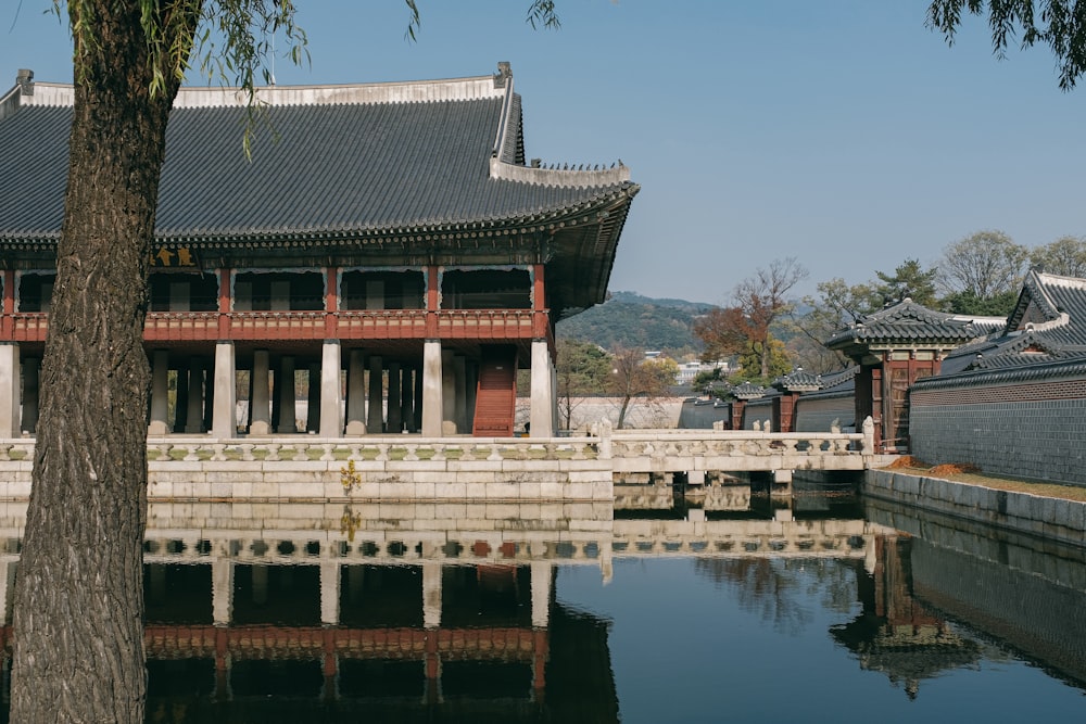 a building with a pond in front of it