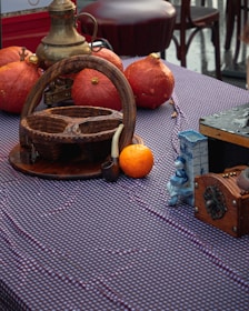A collection of quirky outdoor-themed merchandise laid out on a rustic wooden table.