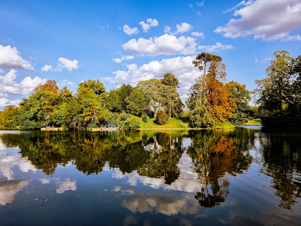 a body of water surrounded by trees and clouds