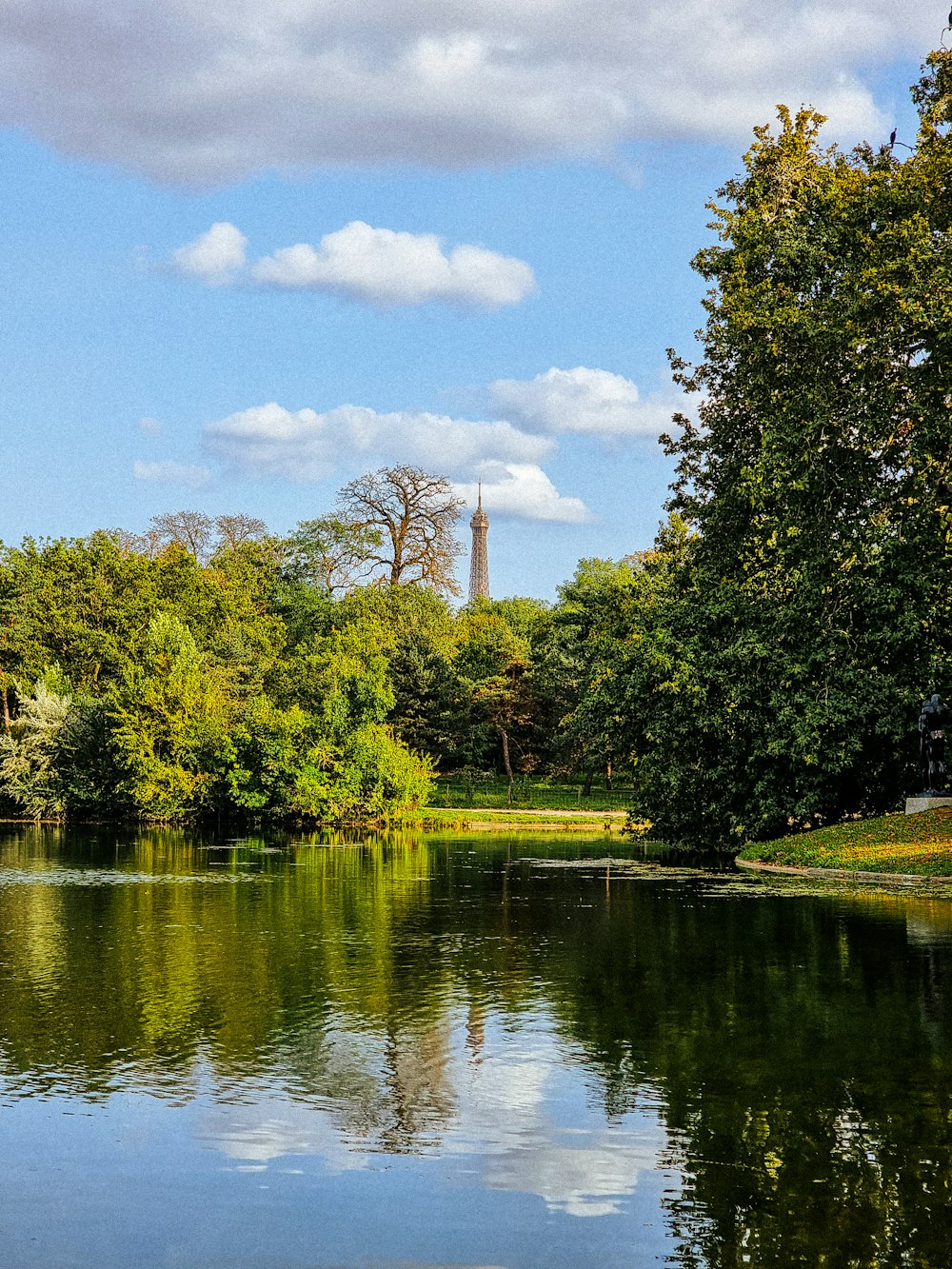 a body of water surrounded by trees and a tower