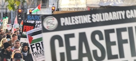 A protest featuring a crowd holding signs and banners related to Palestine solidarity and calls for a ceasefire. Several participants carry flags and placards with messages against military actions. Red traffic lights can be seen in the background, alongside trees and urban structures.