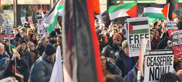 A large crowd of people is gathered, holding various signs and banners that express support for Palestine. Numerous flags, predominantly featuring red, white, green, and black colors, are being waved. The participants appear to be marching in a protest or rally, with signs displaying messages such as 'Free Palestine' and 'Ceasefire Now'. The crowd is diverse, with individuals dressed in winter clothing, suggesting cold weather.