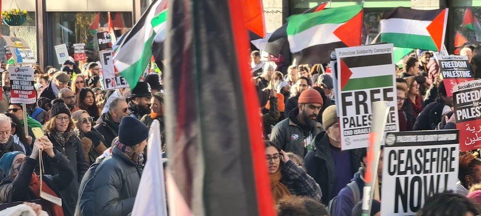 A large crowd of people is gathered, holding various signs and banners that express support for Palestine. Numerous flags, predominantly featuring red, white, green, and black colors, are being waved. The participants appear to be marching in a protest or rally, with signs displaying messages such as 'Free Palestine' and 'Ceasefire Now'. The crowd is diverse, with individuals dressed in winter clothing, suggesting cold weather.
