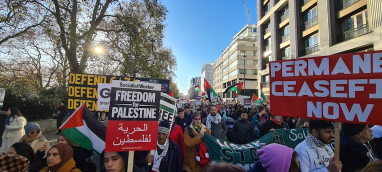A large group of people are gathered in a city street, holding various signs related to political activism. Some of the signs display messages such as 'Freedom for Palestine' and 'Permanent Ceasefire Now'. The crowd includes men and women, some wearing scarves and winter clothing. Flags with green, white, and red colors are also visible. Buildings line one side of the street, while trees are on the other side, indicating an outdoor setting under a clear blue sky.