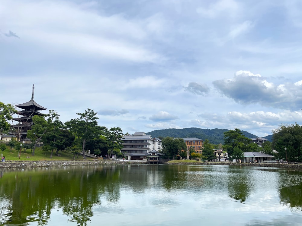 a body of water surrounded by trees and buildings