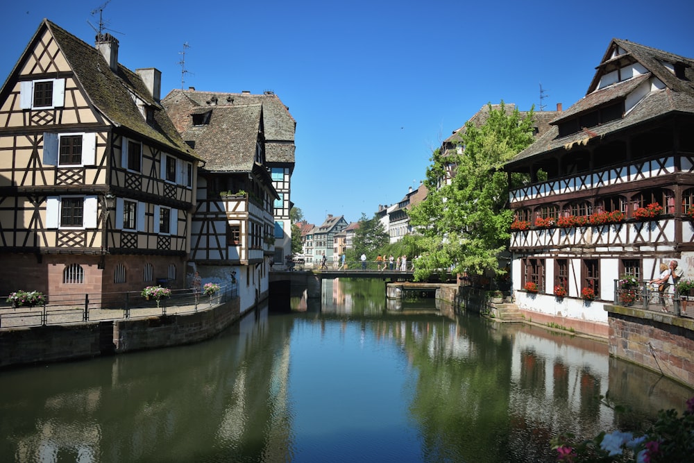 a river running through a city next to tall buildings