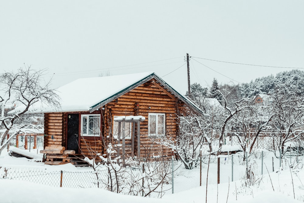 a small log cabin in the middle of a snowy field