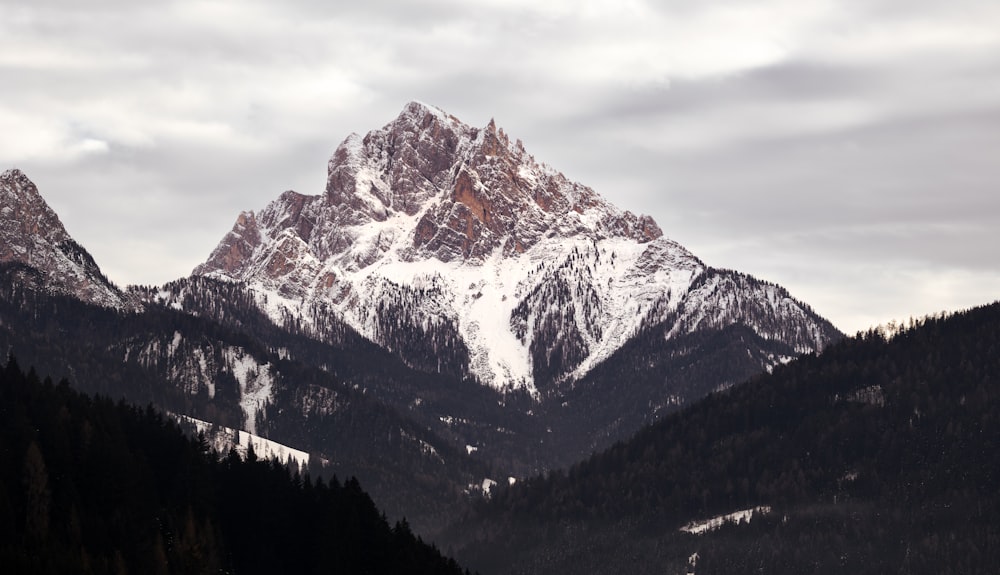 a snow covered mountain range with trees in the foreground