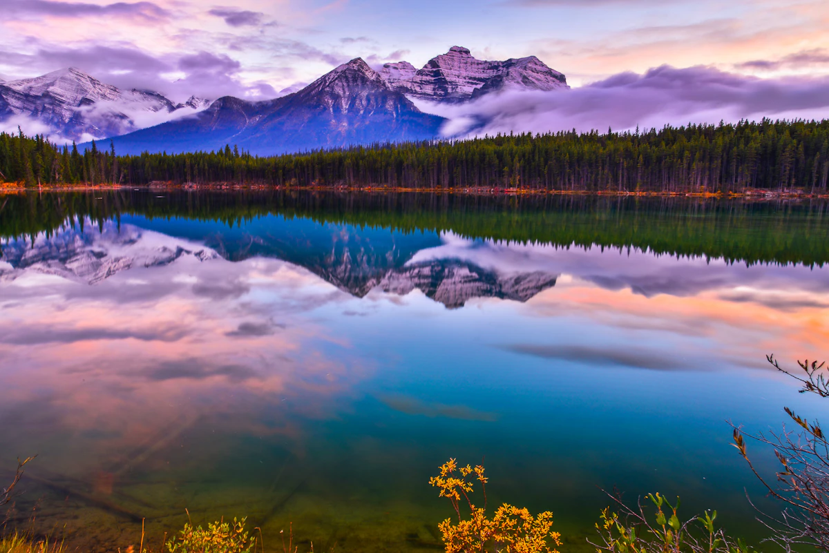 Lago rodeado de bosque nativo con montañas de fondo