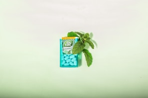 A pack of Tic Tac spearmint mints is placed on a light green surface. The pack is semi-transparent turquoise and filled with small, oval, light blue mints. There is a sprig of fresh mint leaves visible beside the pack.