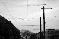 Technician inspecting overhead railway cables on a clear day with modern city tram tracks.