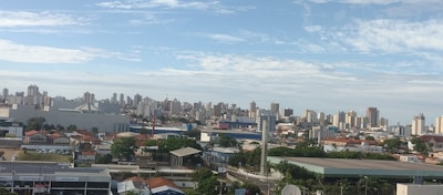 A cityscape featuring a mix of residential and commercial buildings under a partly cloudy sky. The foreground includes some industrial or warehouse structures with tree-lined streets and parked cars. In the background, modern high-rise buildings dominate the skyline.