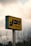 A tall signpost with a rectangular yellow sign featuring bold blue Arabic script and graphic elements is visible against a cloudy sky. Sparse leafless branches partially obscure the base of the sign. Power lines stretch horizontally across the scene, adding an industrial feel.