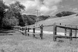 A wooden fence stretches across a rural landscape with grassy fields and rolling hills under a partly cloudy sky. Trees line the left side, and a dirt path runs parallel to the fence. A utility pole stands beside the path.