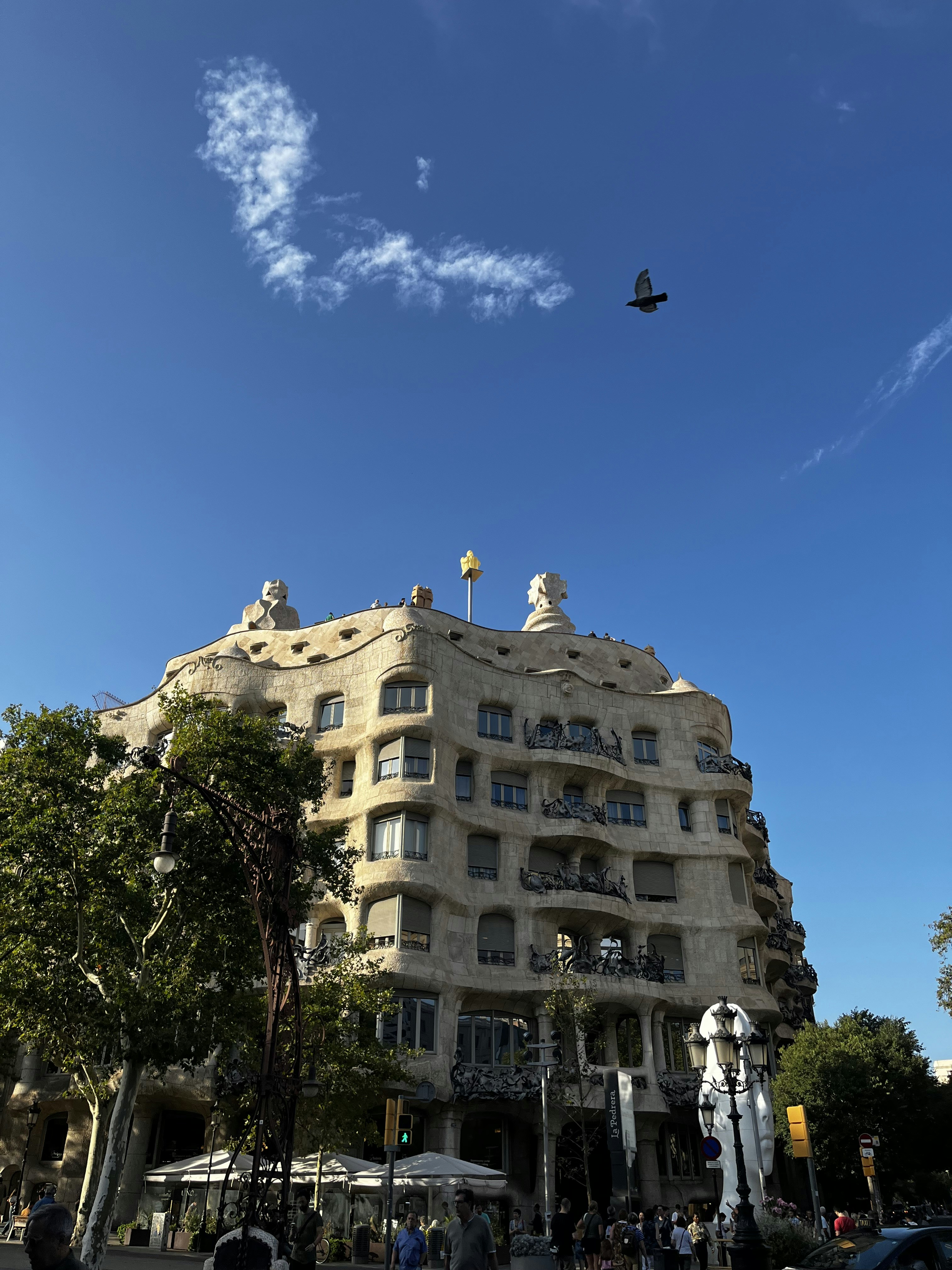 ein großes Gebäude, über das ein Vogel fliegt