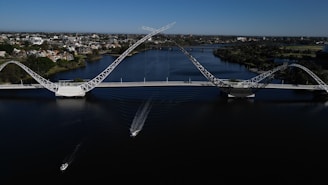 A modern bridge spanning a wide river with vehicles crossing.